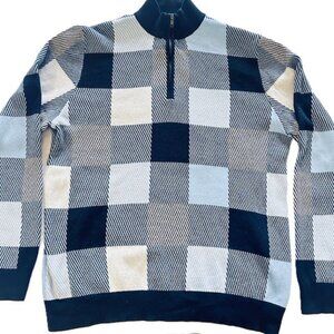 Paul Fredrick Mens Sweater Jersey XXLarge Blues Large Squares Pullover 3/4 zip